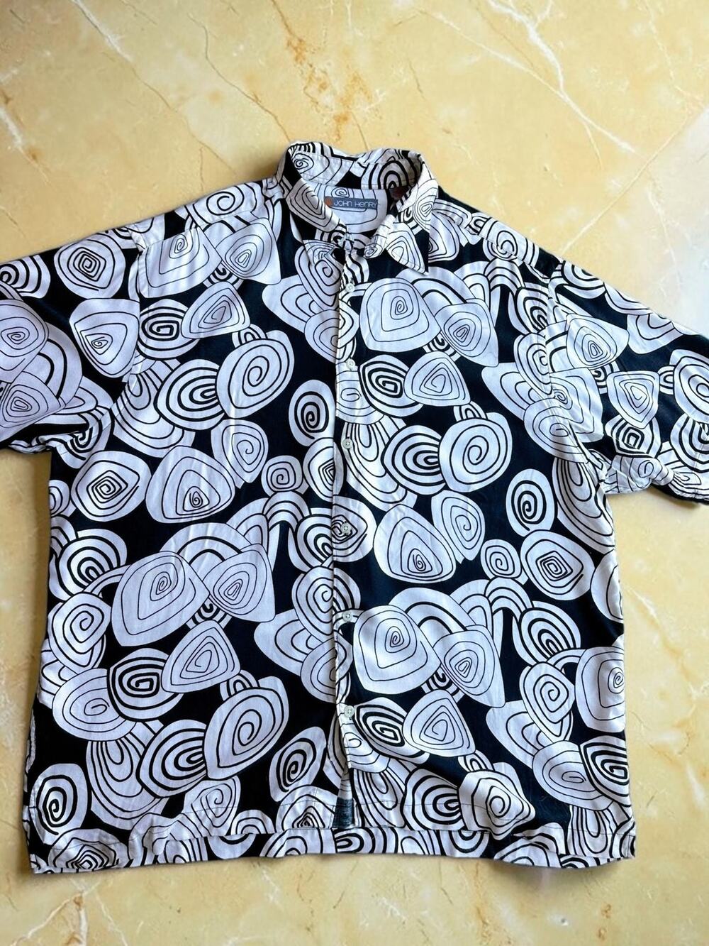 Vintage 1990s John Henry XL Rayon Shirt Black White Abstract Geometric Korea